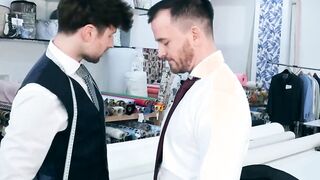 elegant hunk Franky Fox pays a suit tailor in raw drill bits