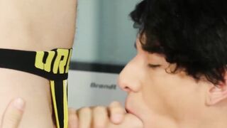 Teenage boy gives head and ends up riding naked in the kitchen