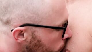 Bald muscular guy with glasses barebacked hard outdoors