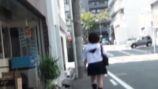 Redhead Japanese with short hair is peeing on the streets