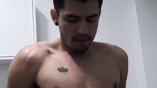 Straight jock jerks off his rock hard cock during POV fuck