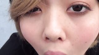 Japanese teeny shows hairy pussy while blowing cock