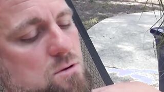 Gay cum pig deepthroats big cock outside for cum feeding