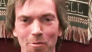 Hairy amateur jerks off and cums naked after an interview