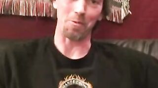 Hairy amateur jerks off and cums naked after an interview