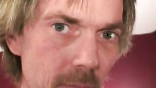 Hairy amateur jerks off and cums naked after an interview