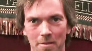 Hairy amateur jerks off and cums naked after an interview