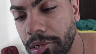 Kinky Latino deepthroats throbbing dick while jerking off