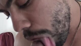 Kinky Latino deepthroats throbbing dick while jerking off