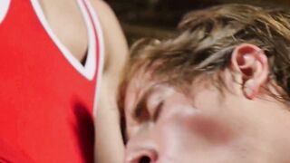 Macho wrestler Justin James booty pumped blonde twink Casper Ellis after a good pract