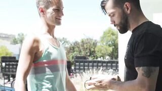 Muscular hairy gay anal fucks twink