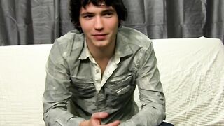 Interviewed cock guzzler plays with his big dick and cums