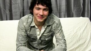 Interviewed cock guzzler plays with his big dick and cums