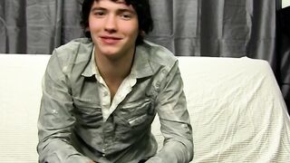 Interviewed cock guzzler plays with his big dick and cums