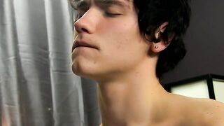 Interviewed cock guzzler plays with his big dick and cums