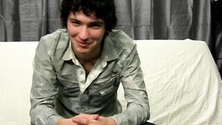Interviewed cock guzzler plays with his big dick and cums