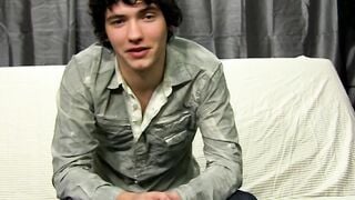 Interviewed cock guzzler plays with his big dick and cums