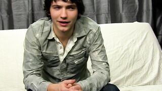Interviewed cock guzzler plays with his big dick and cums