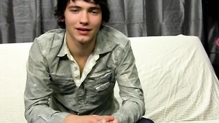 Interviewed cock guzzler plays with his big dick and cums