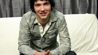 Interviewed cock guzzler plays with his big dick and cums