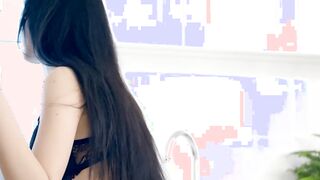 Small tit brunette Corinna F drinking milk while slowly teasing her tiny body