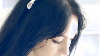 Small tit brunette Corinna F drinking milk while slowly teasing her tiny body