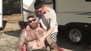 Backyard raw doggy style fucking between stepdad and his son