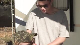 Backyard raw doggy style fucking between stepdad and his son
