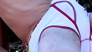 Young athletic jock Mark Woods masturbates outdoor and cums