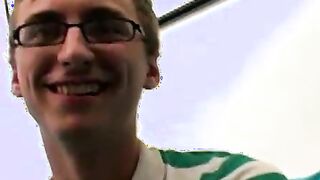 Geeky amateur with glasses and tattoos strokes his big cock