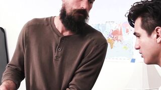 Huge facial hair daddy pushes his dick in stepsons tight ass
