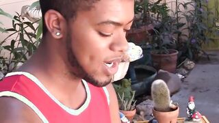 Youthful black person flaunts his balls and jerks off performance