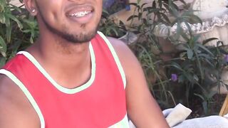 Youthful black person flaunts his balls and jerks off performance