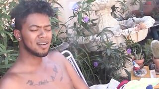 Youthful black person flaunts his balls and jerks off performance