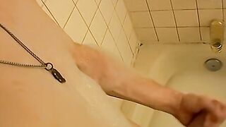 Straight alt dude is stroking his cock while showering