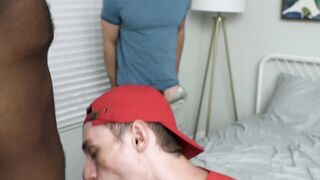 Interracial threesome with BBC guy and stepdad stepson combo