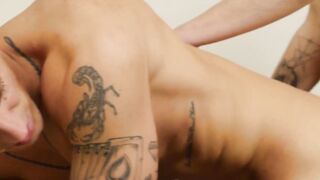 Tattooed hunk Dom Ully jerks off and barebacked by wrestling partner Lucas Morrison