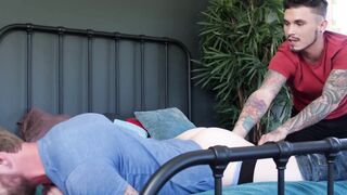 Short inked gay raw fucks his tall bearded boyfriend