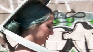Blue haired slave fucked in crowded public place