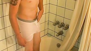 Twink Gran Thiller fills his undies with cum while showering