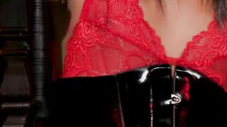 Asian MILF Christy Love in latex uses her gimp Papa Georgio