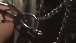 Redhead domina punishes a lesbian sub with a megadildo
