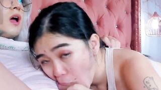 Asian babe warming up shemale dick before getting fuck