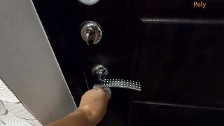The women give a oral sex on a outdoors balcony, and then walks with a cum on her face