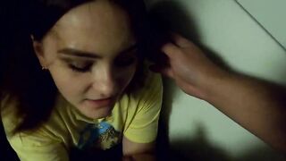 The women give a oral sex on a outdoors balcony, and then walks with a cum on her face