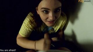 The women give a oral sex on a outdoors balcony, and then walks with a cum on her face