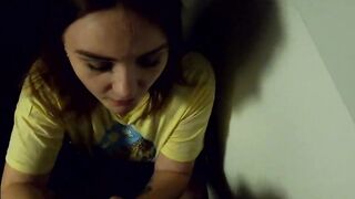 The women give a oral sex on a outdoors balcony, and then walks with a cum on her face