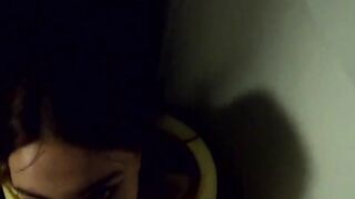 The women give a oral sex on a outdoors balcony, and then walks with a cum on her face