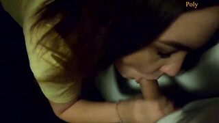 The women give a oral sex on a outdoors balcony, and then walks with a cum on her face