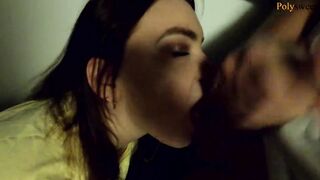 The women give a oral sex on a outdoors balcony, and then walks with a cum on her face